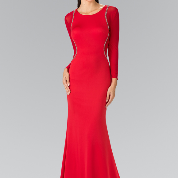NEW RED - Sheer Sleeves Scoop Neck Long Dress GL2284 - Picture 1 of 8